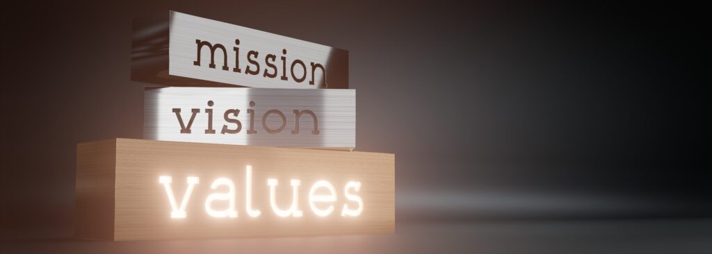 mission, vision, values block shapes and glow effect 3d illustration