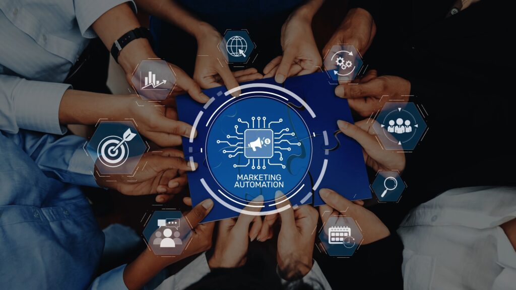 diverse hands collaborating on marketing automation concept with icons representing innovation, growth, strategy, and digital tools for business success. raster